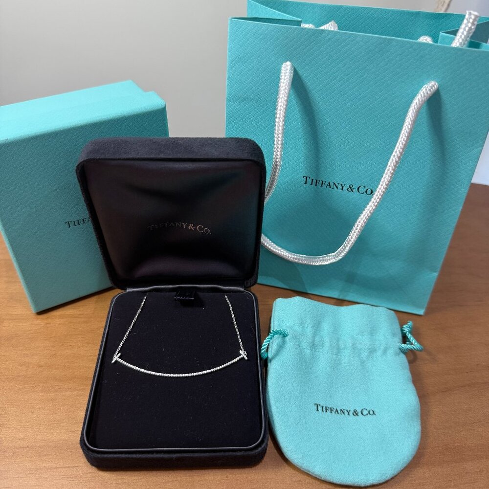 Tiffany & Co. Tiffany T Smile Pendant Necklace 18K White Gold Diamonds Large